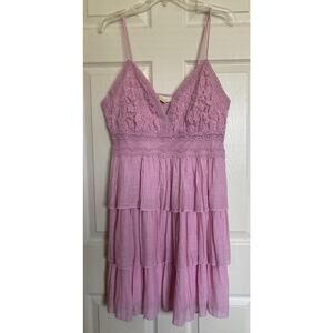 Rebellion Again Tiered Baby Doll Dress Womens Large Pink Gauze Lace